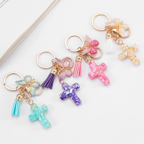 Llavero de Cruz de Resina Con Amuleto de Mariposa Y Borla Anillo de Aleación Dorada Para Colgante de Bolso Estilo Bohemio Regalo Mujer