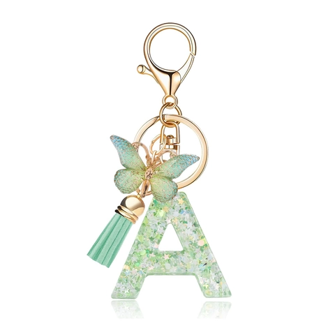 Portachiavi Creativo in Resina con Lettera Farfalla Verde e Nappina Glitter Alfabeto Pendente per Borsa Donna Regalo di Compleanno