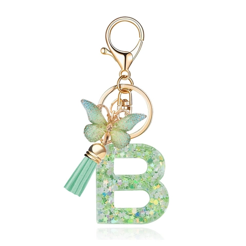 Portachiavi Creativo in Resina con Lettera Farfalla Verde e Nappina Glitter Alfabeto Pendente per Borsa Donna Regalo di Compleanno