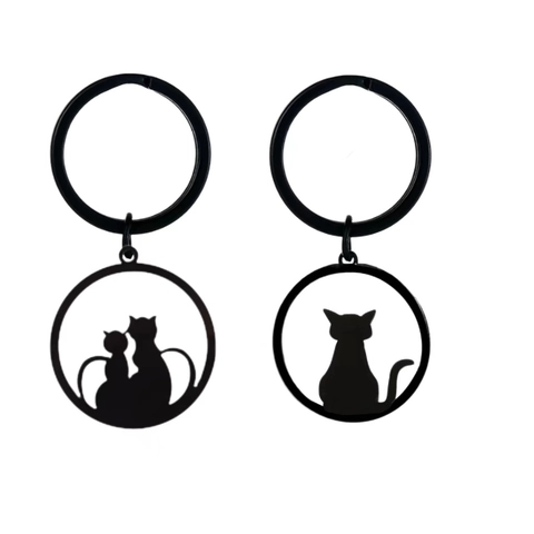 Stainless Steel Black Cat Silhouette Keychain Matte Finish Animal Pendant For Couples Gift Cute Hollow Out Key Ring