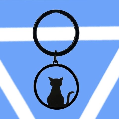 Stainless Steel Black Cat Silhouette Keychain Matte Finish Animal Pendant For Couples Gift Cute Hollow Out Key Ring