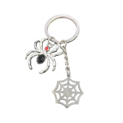 Halloween Gothic Spin Sleutelhanger Roestvrij Staal Spinnenweb Hanger Rode Zwarte Stras Zilver Metaal Ring Feest Cadeau