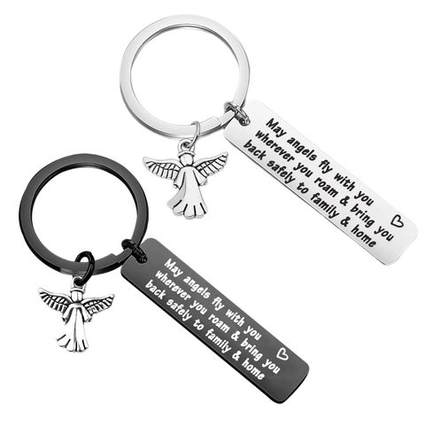 Llavero Inspirador de Acero Inoxidable Grabado May Angels Fly With You Colgante de Ángel Llavero para Regalo de Viajero Joyería