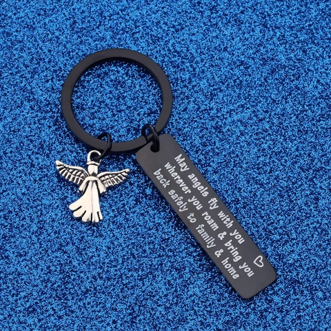Llavero Inspirador de Acero Inoxidable Grabado May Angels Fly With You Colgante de Ángel Llavero para Regalo de Viajero Joyería