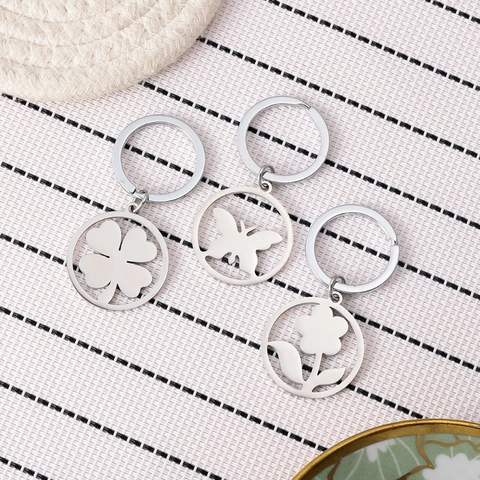 Edelstahl Hohl Rund Engel Schmetterling Blume Kleeblatt Schlüsselanhänger Süß Metall Glücksbringer Anhänger Schlüsselring Geschenk