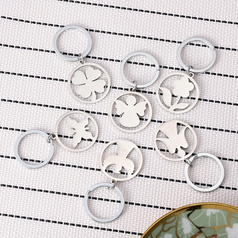 Edelstahl Hohl Rund Engel Schmetterling Blume Kleeblatt Schlüsselanhänger Süß Metall Glücksbringer Anhänger Schlüsselring Geschenk