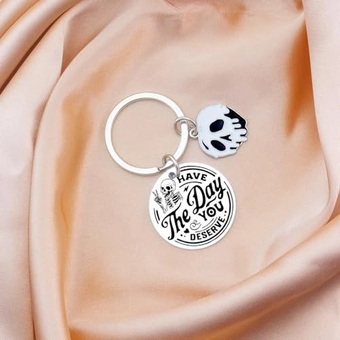 Portachiavi in Acciaio Inossidabile Halloween Scritta Have The Day You Deserve Teschio Fantasma Ciondolo Regalo Festa Accessori