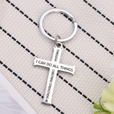 Inspirerende Roestvrijstalen Kruis Sleutelhanger I Can Do All Things Bijbeltekst Religieuze Sleutelring Cadeau Voor Heren Dames