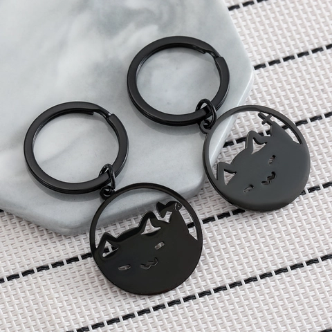 Roestvrijstalen Leuke Cartoon Kat Sleutelhanger Zwart Mat Uitgehold Kruis Vis Silhouet Tas Bedeltje Sieraden Sleutelring