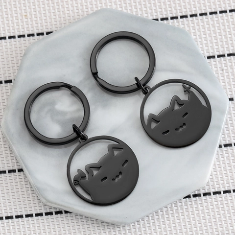 Roestvrijstalen Leuke Cartoon Kat Sleutelhanger Zwart Mat Uitgehold Kruis Vis Silhouet Tas Bedeltje Sieraden Sleutelring
