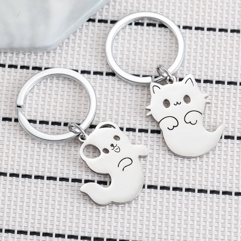 Cartoon Ghost Cat And Puppy Stainless Steel Keychain Cute Halloween Gift Hollowed Metal Pendant Keyring For Couples Friends
