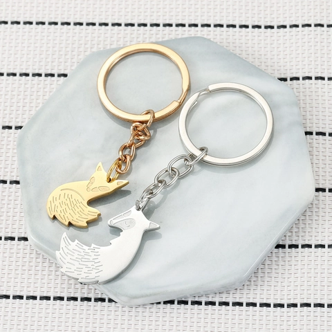 Juego de Llaveros para Pareja de Zorro y Lobo de Acero Inoxidable Colgante Forma Animal Dorado Plateado Regalo para Enamorados