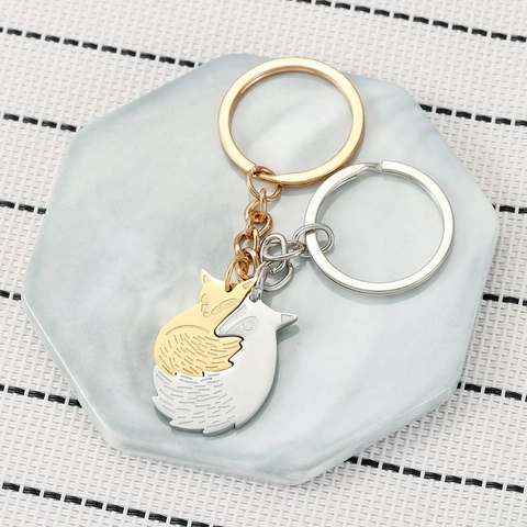 Juego de Llaveros para Pareja de Zorro y Lobo de Acero Inoxidable Colgante Forma Animal Dorado Plateado Regalo para Enamorados