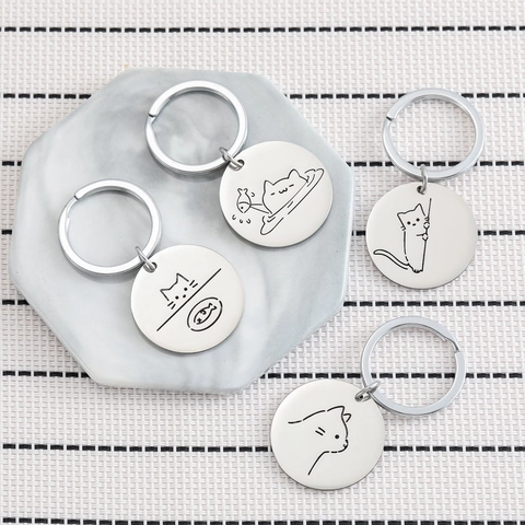 Roestvrij Staal Kat Sleutelhanger Schattig Dier Ronde Plaat Hanger Sleutelring Voor Rugzak Cadeau Voor Kattenliefhebbers