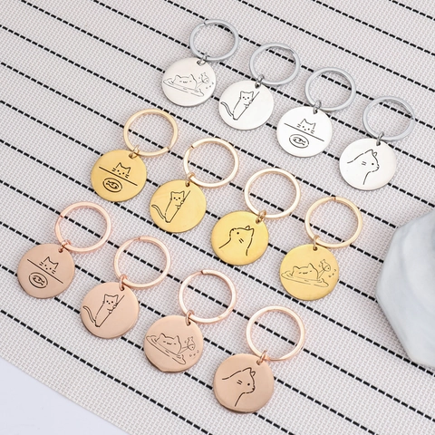 Roestvrij Staal Kat Sleutelhanger Schattig Dier Ronde Plaat Hanger Sleutelring Voor Rugzak Cadeau Voor Kattenliefhebbers
