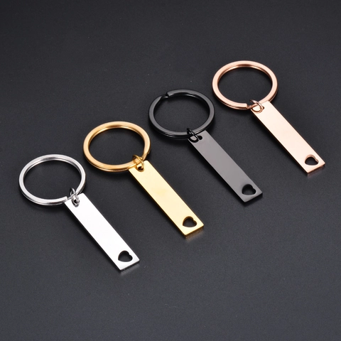 Llavero de Acero Inoxidable Corazón Hueco Barra Larga DIY Grabable Metal Pulido Espejo Anillo para Hombres Mujeres Regalo