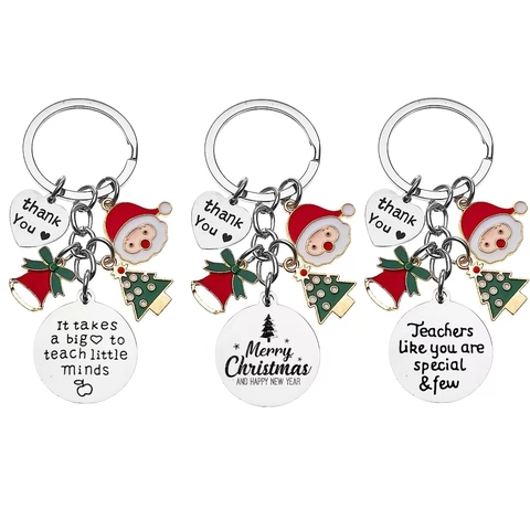 Stainless Steel Christmas Teacher Keychain Santa Tree Bell Heart Apple Charms Engraved Appreciation Gift For Educator Mentor