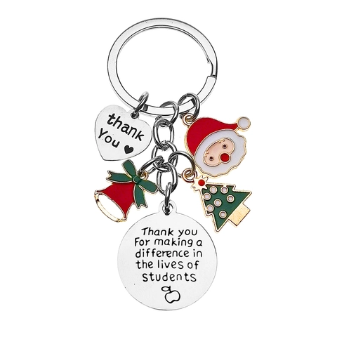 Stainless Steel Christmas Teacher Keychain Santa Tree Bell Heart Apple Charms Engraved Appreciation Gift For Educator Mentor