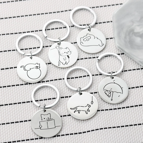 Stainless Steel Cute Cartoon Cat Keychain Round Pendant Minimalist Metal Keyring For Backpack Bag Hanging Charm Women Gift