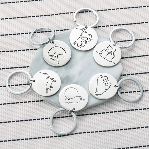 Stainless Steel Cute Cartoon Cat Keychain Round Pendant Minimalist Metal Keyring For Backpack Bag Hanging Charm Women Gift