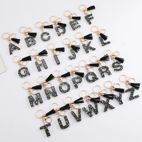Black Resin Initial Letter Keychain With Tassel For Women Gold Alloy Star Alphabet Bag Charm Pendant Accessory