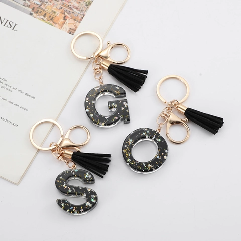Black Resin Initial Letter Keychain With Tassel For Women Gold Alloy Star Alphabet Bag Charm Pendant Accessory