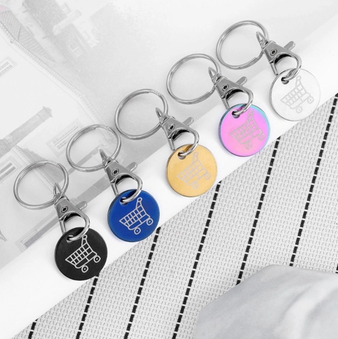 Stainless Steel Shopping Cart Token Keychain Laser Engraved Round Pendant Trolley Coin Key Ring For Supermarket Daily Use