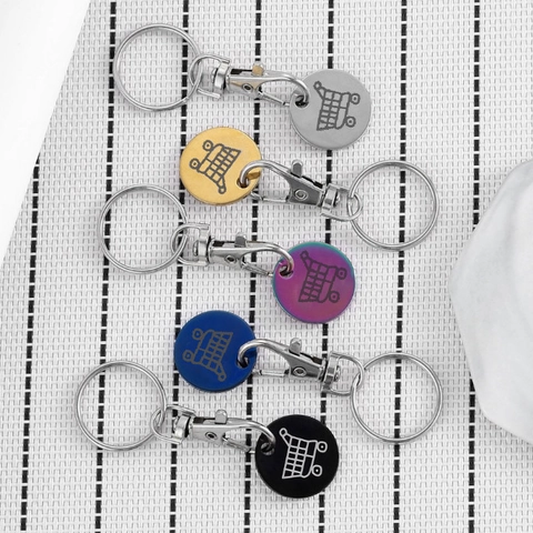Stainless Steel Shopping Cart Token Keychain Laser Engraved Round Pendant Trolley Coin Key Ring For Supermarket Daily Use