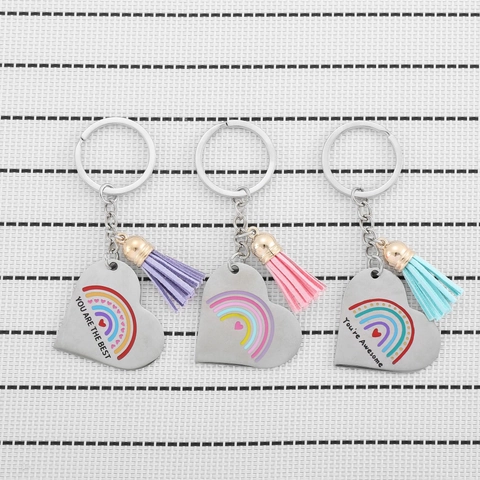 Portachiavi a Cuore Arcobaleno in Acciaio Inossidabile Con Nappina in Ecopelle Messaggio Motivazionale Idea Regalo Donna