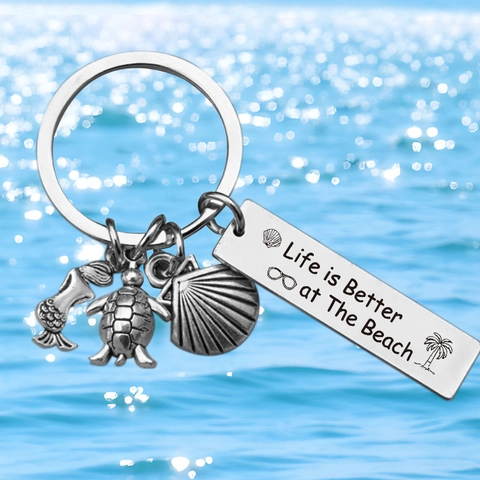 Llavero de Acero Inoxidable Tema Océano Sirena Tortuga Concha Colgante Beach Life Llavero de Metal para Regalo de Viaje