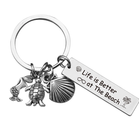 Llavero de Acero Inoxidable Tema Océano Sirena Tortuga Concha Colgante Beach Life Llavero de Metal para Regalo de Viaje