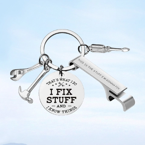 Stainless Steel Tool Keychain Set Hammer Wrench Screwdriver Bottle Opener I Fix Stuff Lettering Key Ring For Father's Day Gift