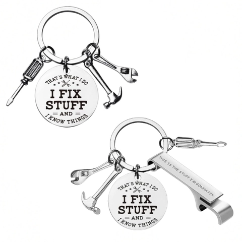 Stainless Steel Tool Keychain Set Hammer Wrench Screwdriver Bottle Opener I Fix Stuff Lettering Key Ring For Father's Day Gift