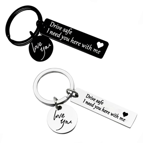 Llavero Drive Safe de Acero Inoxidable Inscrito Love You Colgante de Corazón Anillo de Metal Regalo para Parejas Familia