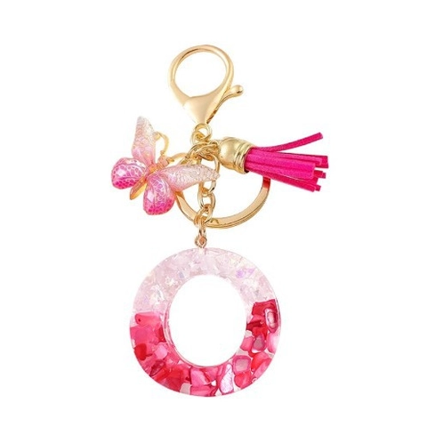Rose Red Initial Letter Resin Keychain With Butterfly Pendant Tassel Glitter Sequin Women Bag Accessories Fashion Charm