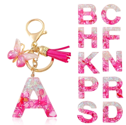 Rose Red Initial Letter Resin Keychain With Butterfly Pendant Tassel Glitter Sequin Women Bag Accessories Fashion Charm