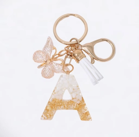Fashion Resin Letter Keychain With White Tassel And Gold Hollow Butterfly Pendant Resin Casting Initial Keyring For Bag