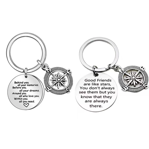 Roestvrij Stalen Kompas Sleutelhanger Met Inspirerende Quote Ronde Hanger Voor Vriendschap Afstuderen Cadeau Tas Accessoires Sleutelhanger