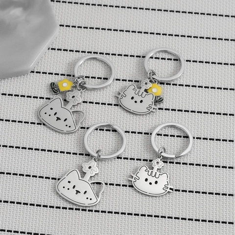 Portachiavi in Acciaio Inossidabile a Forma di Gatto Con Ciondolo Fiore Giallo Decorazione per Zainetto Regalo per Donne Ragazze