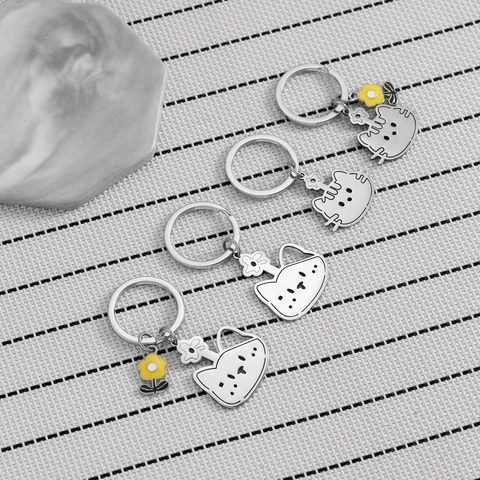 Portachiavi in Acciaio Inossidabile a Forma di Gatto Con Ciondolo Fiore Giallo Decorazione per Zainetto Regalo per Donne Ragazze