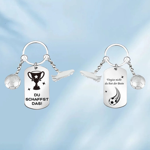 Stainless Steel Football Keychain Double Sided Laser Engraved German Inspirational Quotes Soccer Shoe Charm Backpack Pendant