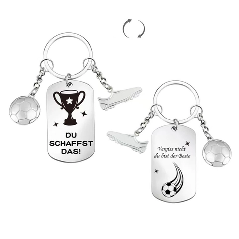 Stainless Steel Football Keychain Double Sided Laser Engraved German Inspirational Quotes Soccer Shoe Charm Backpack Pendant