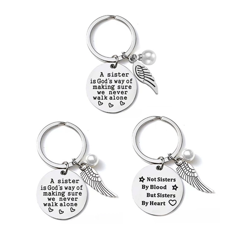 Stainless Steel Sister Keychain Engraved Quote Round Tag With Angel Wing Artificial Pearl Sentimental Friendship Jewelry Gift For Women