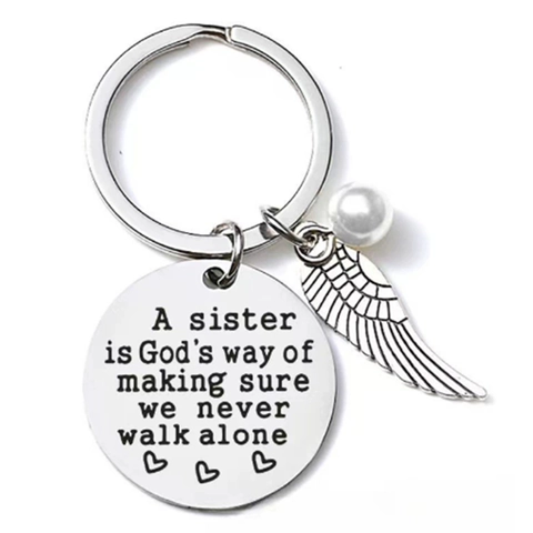 Stainless Steel Sister Keychain Engraved Quote Round Tag With Angel Wing Artificial Pearl Sentimental Friendship Jewelry Gift For Women
