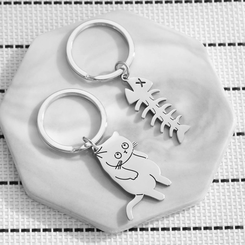 Cute Stainless Steel Cartoon Cat And Fishbone Keychain Silver Metal Key Ring For Couples Friends Gift Jewelry