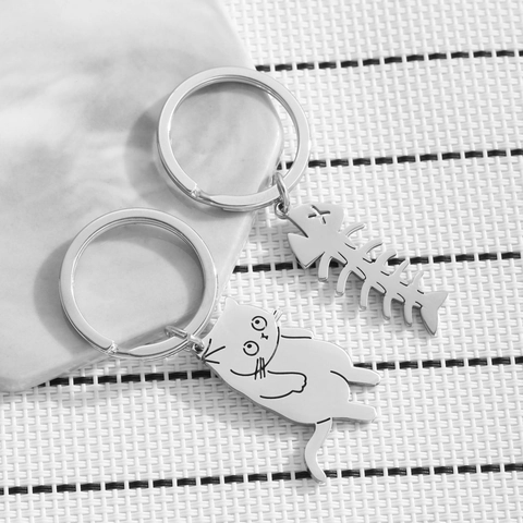 Cute Stainless Steel Cartoon Cat And Fishbone Keychain Silver Metal Key Ring For Couples Friends Gift Jewelry