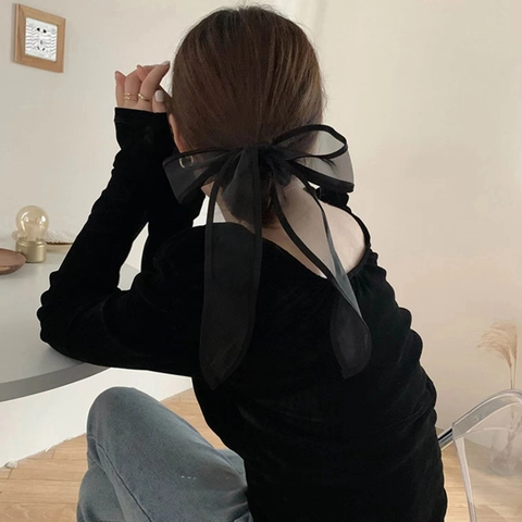 Eleganter Übergroßer Schwarzer Organza Schleife Haargummi Mit Langen Bändern Koreanischer Stil Netz Großer Schleife Haarschmuck Damen