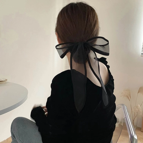 Eleganter Übergroßer Schwarzer Organza Schleife Haargummi Mit Langen Bändern Koreanischer Stil Netz Großer Schleife Haarschmuck Damen