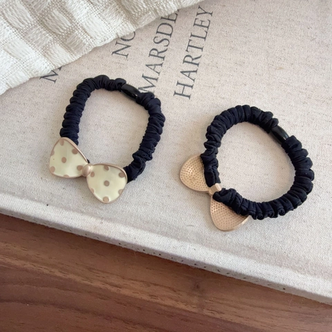 Chouchou Vintage à Nœud Pois Élastique Cheveux Noir Avec Bord Métallique Support Queue de Cheval Accessoires Cheveux Femme