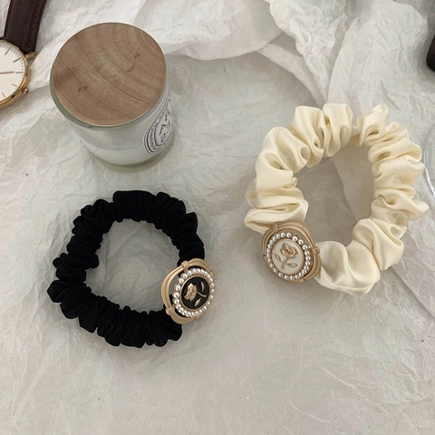 Grandi Elastici per Capelli in Satin Vintage Francese Con Bottone in Rilievo Rosa e Perla Artificiale Eleganti Lacci per Donne